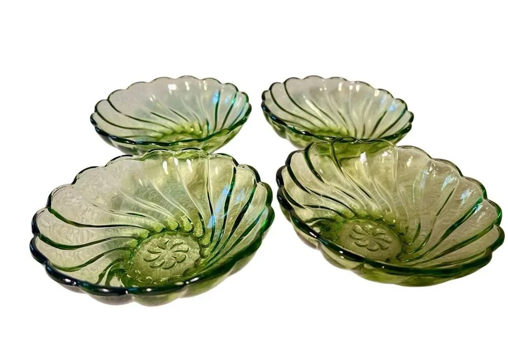 1960s MCM Hazel Atlas Avocado Green Glass Berry Bowls Seashell Swirl 4 Pieces
